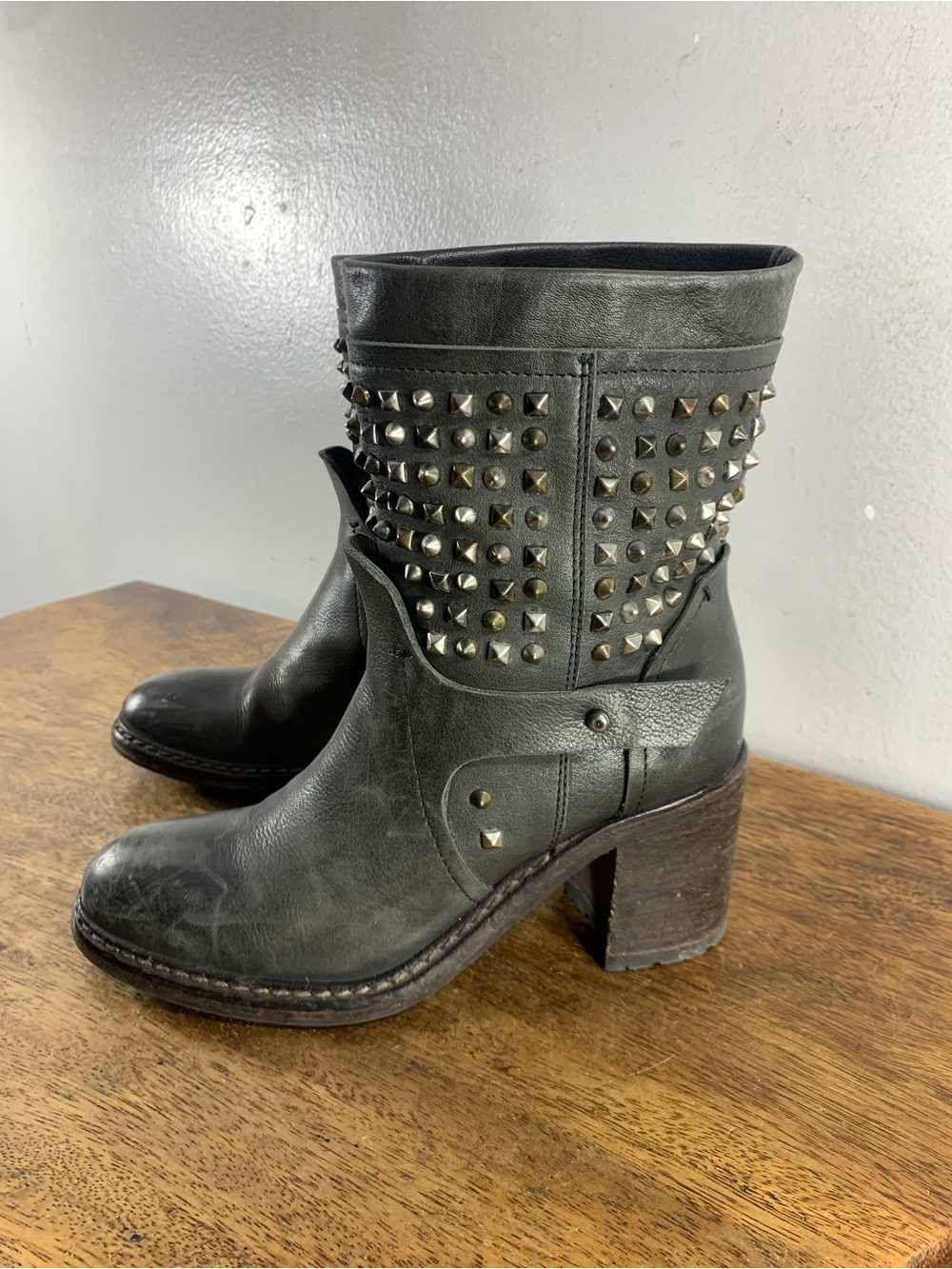 FRU.IT Black Studded leather ankle boots made in Italy Rocker Moto Chunky Heel